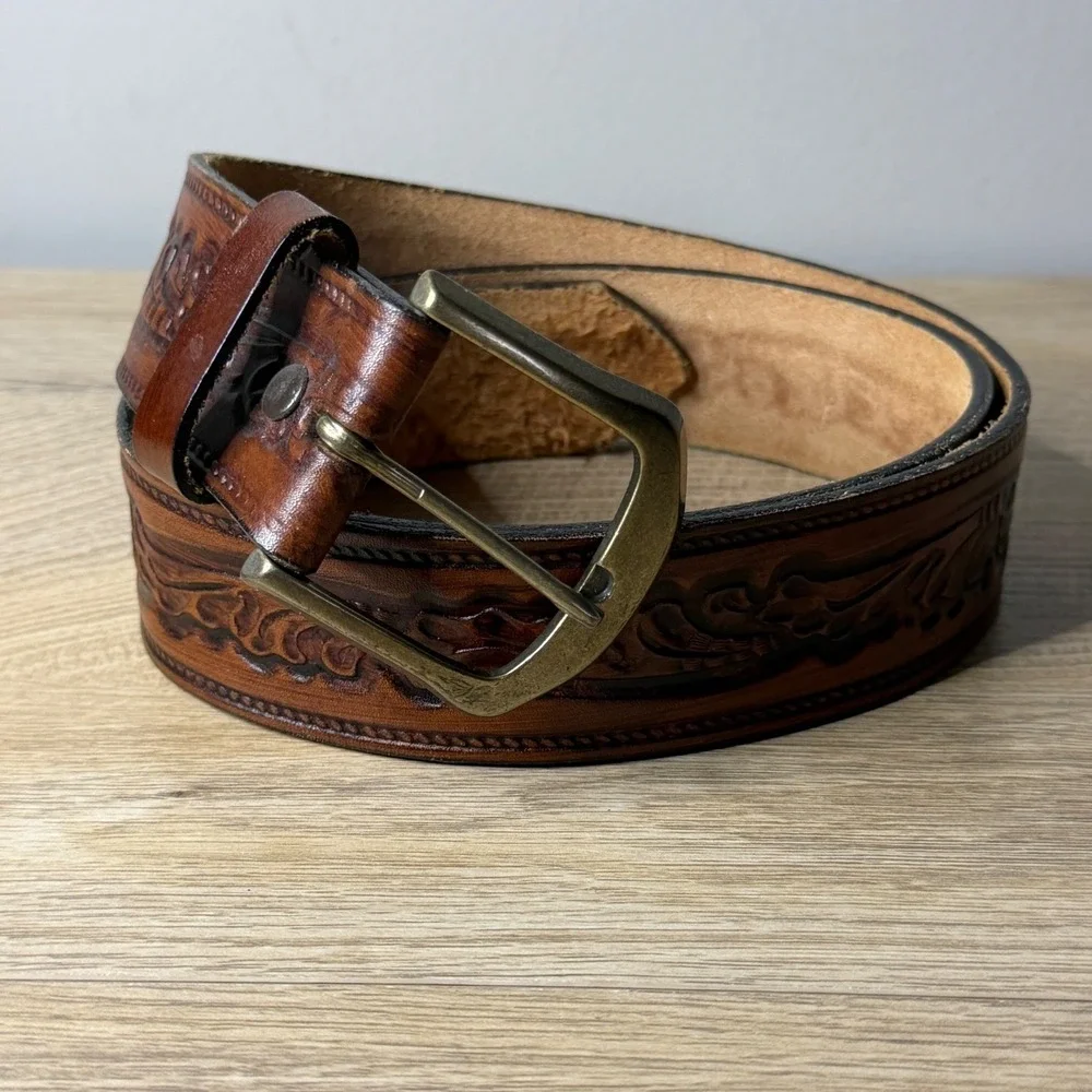 Mens Full Grain Steerhide Leather Belt Size 36 Made in USA Western Tooled Buckle